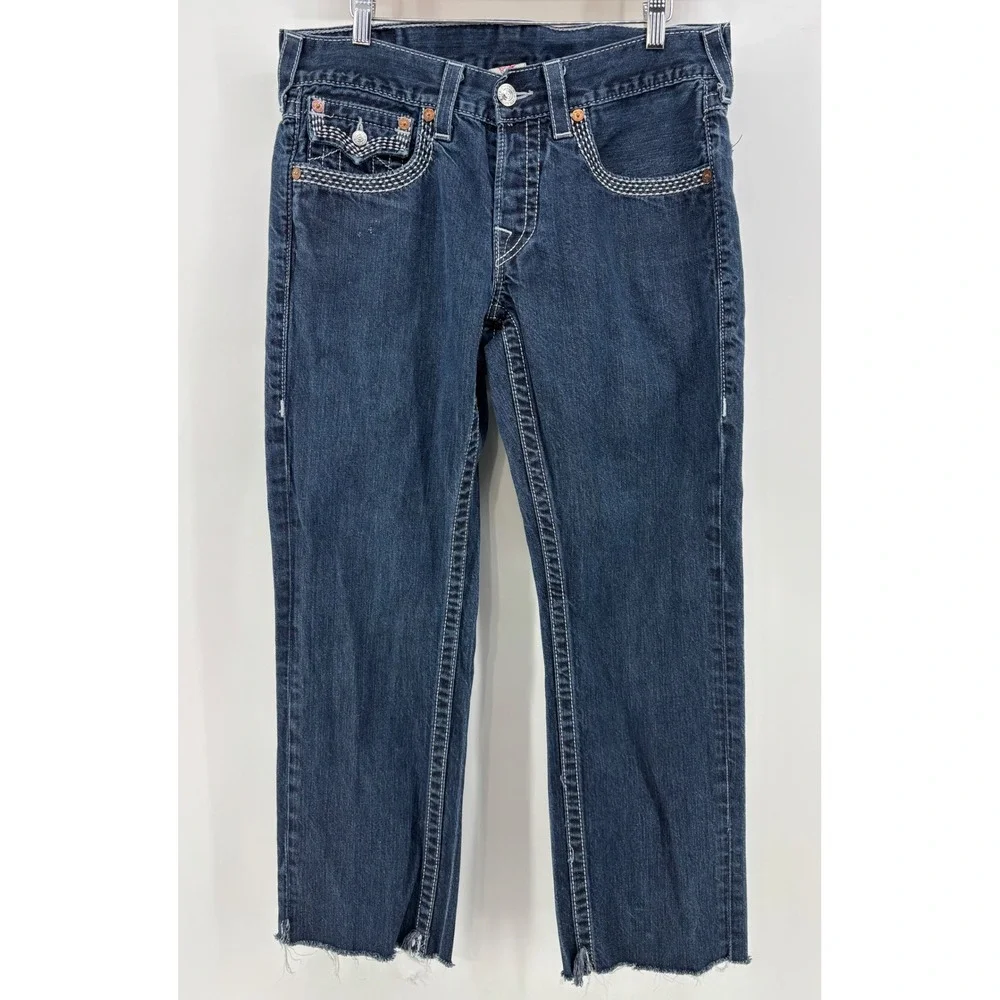 True Religion Slim Fit Straight Leg Jeans Men's 32x27 Blue Flap Pockets Raw Hem